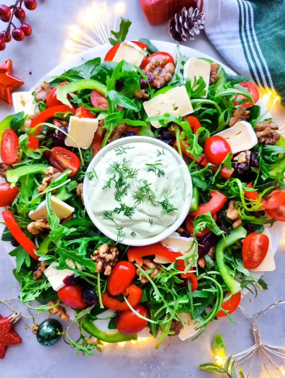 Christmas Wreath Salad with Avocado Yogurt Dressing